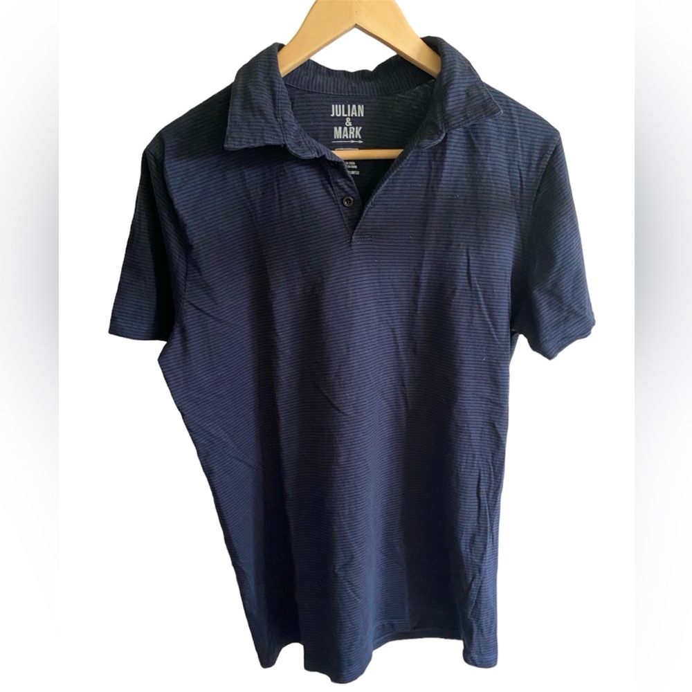 Julian & Mark EUC Men’s Dark Blue Striped Polo Shirt, Medium, Lightweight Casual